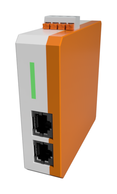 Rendering of the Gigabit PoE LAN Lock: a DIN-rail unit with two RJ45 ports and a status bar
